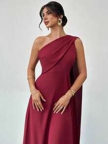 Firerie 女士优雅浪漫精致不对称领褶裥连衣裙，长袖，修身剪裁，红色，女士粉彩色连衣裙 - 酒紅色 - 查看 4