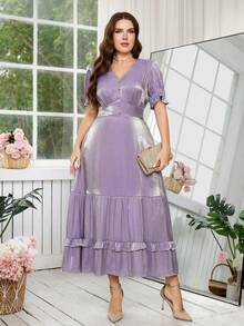 Ellevyn Đầm nữ cỡ lớn màu trơn cổ chữ V tay ngắn cánh hoa xếp nếp viền đầm thanh lịch - Màu tím - Xem 7