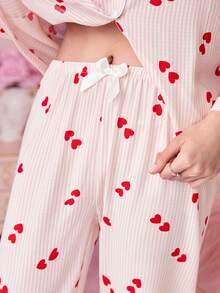 Bonmuse 条纹爱心印花女士泡泡褶皱长袖睡衣套装 - 粉色 - 查看 7