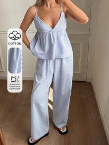 DAZY Women's Striped Camisole Top And Loose Pants Pajama Set, Suitable For Summer Beach Vacation - Blue - View 3