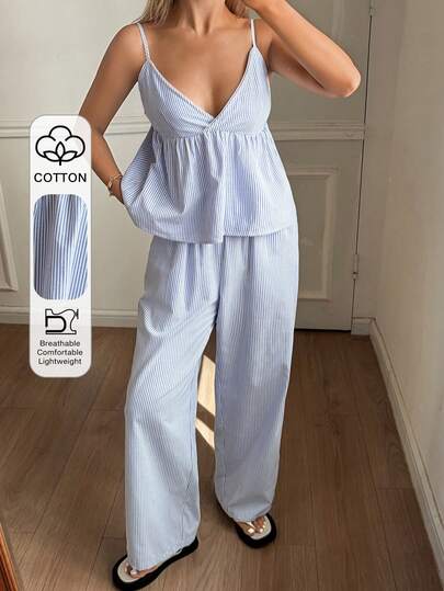 DAZY 女士条纹吊带背心和宽松长裤睡衣套装，适合夏季海滩度假
