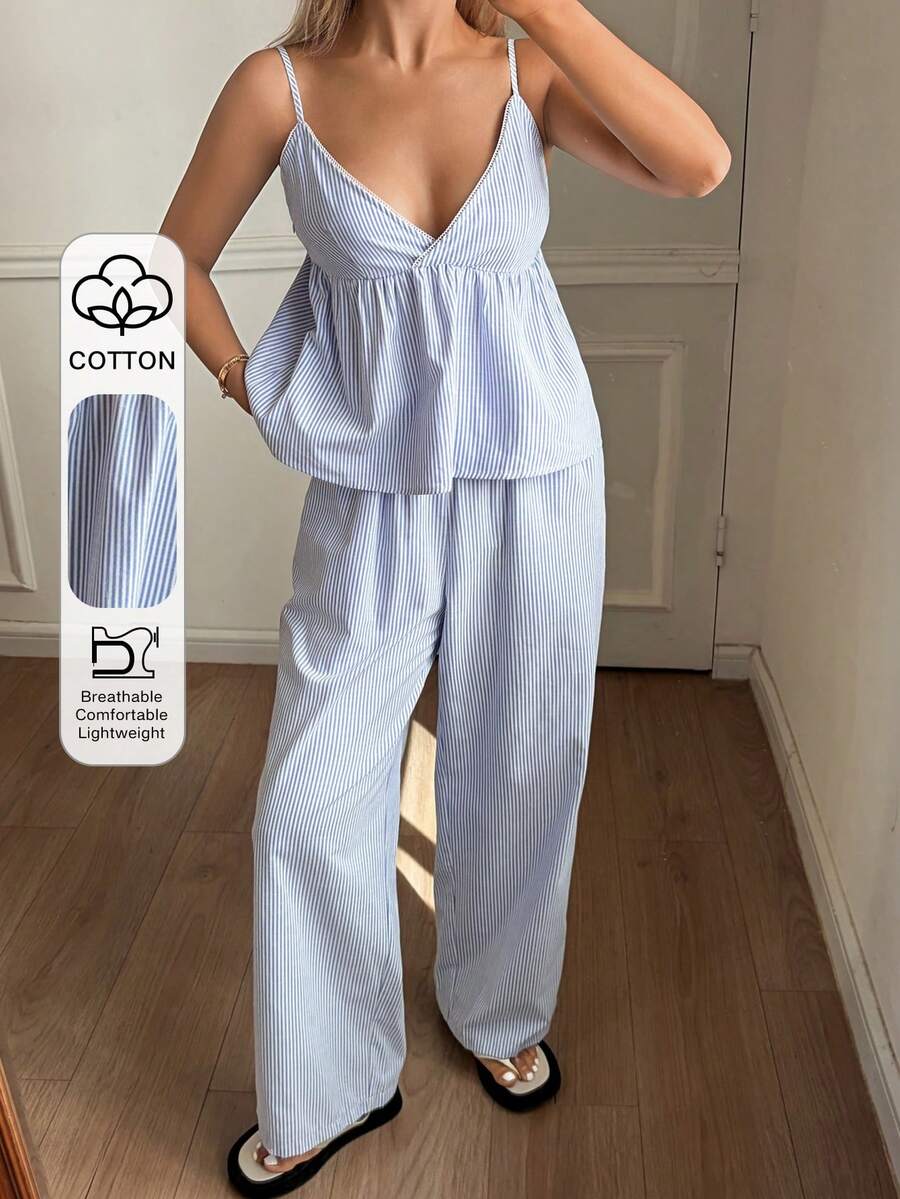 DAZY 女士条纹吊带背心和宽松长裤睡衣套装，适合夏季海滩度假 - 藍色 - 查看 1