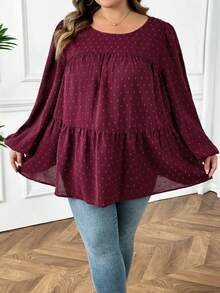 SHEIN CURVE+ CURVE PLUS /Ngày Valentine/Áo kiểu nữ cỡ lớn dáng rộng tay phồng xếp ly màu đỏ tía, trang phục mùa thu, trang phục mùa đông, áo kiểu boho, áo dài tay cỡ lớn cho nữ, trang phục năm mới/2026/Năm mới - Màu Đỏ Sâu - Xem 4