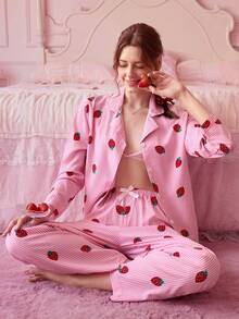 条纹草莓印花睡衣套装，甜美可爱翻领纽扣长袖上衣和长裤，女士睡衣家居服套装，秋冬 - 粉色 - 查看 3