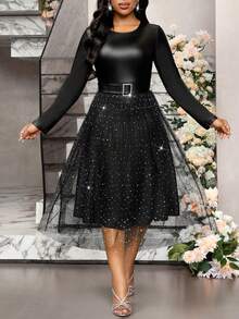 SHEIN Lady Elegant Party Sequin & Mesh Patchwork Black Dress - Black - View 4