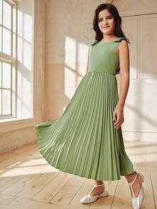 Anewsta Sweet Cute Round Neck Bow Pleated Hem Girls Dress, Spring/Summer - Green - View 3