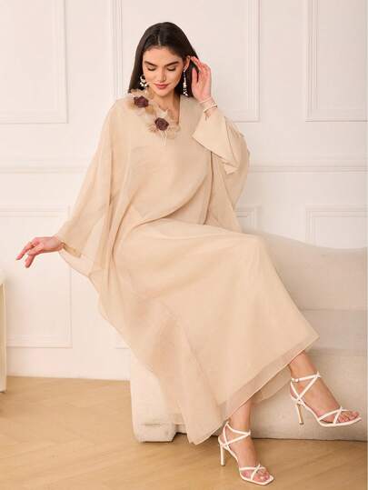 Al Najma Women's Chiffon Poncho With 3D Floral Decor, V-Neck, Loose And Slimming Long Cardigan