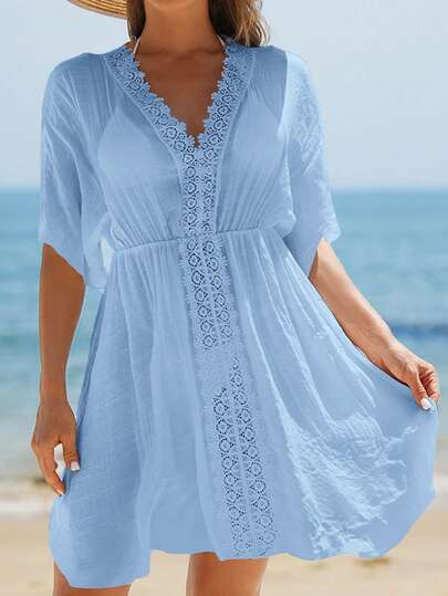 Swim Vcay Women's Solid Color V-Neck Lace Patchwork Sheer Short Sleeve Dress Cover-Up