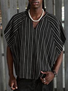 NEON BLANC Men's Striped Print Contrast Color Loose Casual Top, Spring/Summer - Black - View 3
