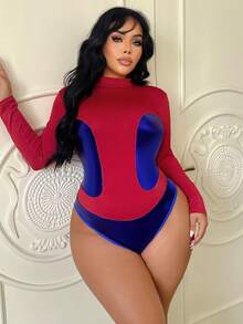 Fantasy Costume Fantasy Costume Plus Size Red Superhero Role Play PU&Mesh Splice Jumpsuit, Curve Bodysuits For Women,Summer Rave Contrast Color Bodysuit - Red - View 5