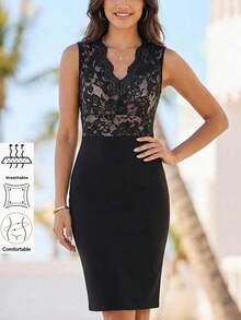 Editum 女士新款优雅蕾丝拼接收腰修身连衣裙，适合日常穿着及多种场合 - 黑色 - 查看 8