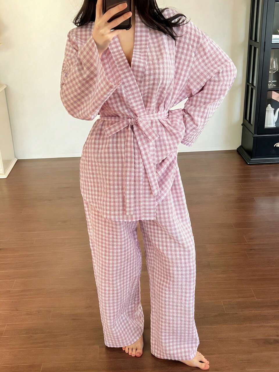 2pcs Plaid Pattern Oblique Placket Loose Long Sleeve Top And Straight Leg Long Pants Women Pajama Set, Spring
