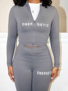 Steph T 女士2入組休閒基礎款高彈性修身長袖拉鍊上衣和長褲套裝，帶字印花 - 灰色 - 查看 3