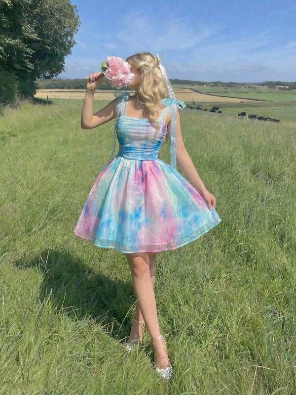 SHEIN MOD 女士扎染印花褶皱肩部打结时尚吊带迷你连衣裙