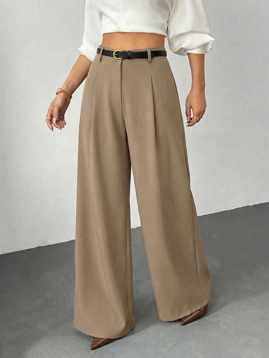 SHEIN PETITE 女士黑色纯色阔腿裤，配腰带，休闲阔腿裤，适合娇小身材 - 棕色 - 查看 1