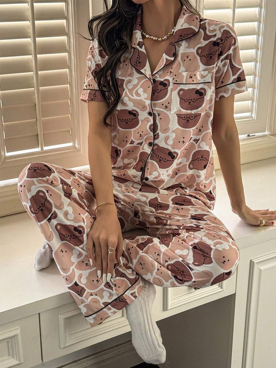 Dream Adore 可爱小熊印花翻领短袖睡衣套装 - 彩色 - 查看 1