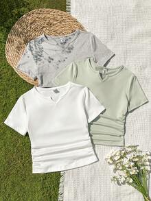 Vintaside Kids 3件装女童纯色V领短袖修身基础款T恤 - 彩色 - 查看 6