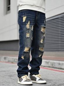 Devon Thys Men's Outdoor Casual Straight Leg Distressed Blue Jeans, Autumn/Winter - Dark Wash - View 4