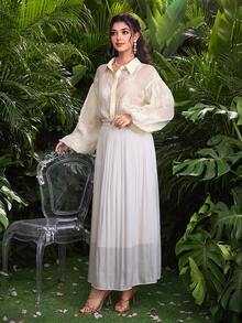 Modelyn Elegant Embroidered Front Button Apricot Shirt, Autumn - Apricot - View 7