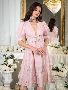 Modelyn Elegant Pink Floral Summer Dress For Women,V-Neck Wedding Ninang Dresses,Graduation Holiday Outfits Wedding Guest Dresses - Pink - View 6
