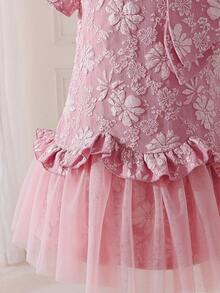 SHEIN Vestido casual de niña con cuello mao, parches de malla y lazo, con estampado floral ditsy de gasa - Rosa - Ver 8