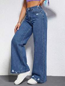SHEIN EZwear 休闲水洗做旧高腰阔腿牛仔裤 - 中等水洗藍 - 查看 3