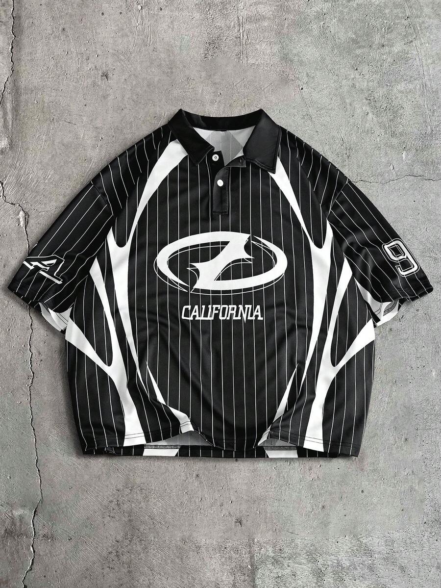 AXEPEAK 男士字母条纹短袖休闲宽松 Polo 衫 - 黑色 - 查看 1