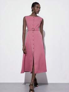 Aveloria Modichic 优雅的法式复古时尚派对连衣裙，采用镂空设计、收腰剪裁、A字廓形、撞色金属搭扣和泡泡袖，尽显高端气质。 - 粉色 - 查看 5