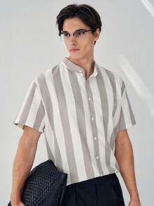 RONVEXI Men's Casual Commuter Striped Short Sleeve Shirt, Summer - Grey - View 6