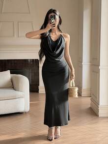 Feyla Women's Elegant Solid Color Plunging Neck Backless Dress, Summer - Black - View 7