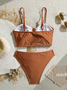 Bonvoyette Conjunto de bikini de 2 piezas para mujer en verano con parte superior tipo bandeau y Bottom con decoración de discos metálicos brillantes en marrón, conjunto de traje de baño para festivales, fiestas, bodas, vacaciones y ocasiones elegantes - Marrón - Ver 4