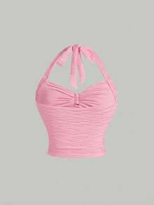 SHEIN MOD 加大码杏色提花面料吊带上衣和半裙两件套 - 粉色 - 查看 7