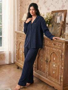 Modelyn 女士休闲宽松格子翻领长袖睡衣套装，秋冬服装 - 彩色 - 查看 5
