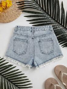 SHEIN Essnce Quần short denim nữ kiểu dáng thường ngày, có túi và gấu quần rách, đa năng cho trang phục hàng ngày. - Rửa nhẹ - Xem 2