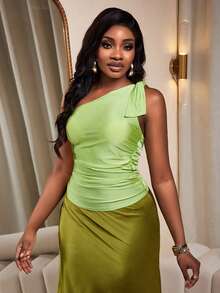 Lineaform Fashionable Asymmetric Ruched Fitted Crop Top In Lime Green,Summer,Elegant,Party Night,Neon Green,Suitable For Weddings,Galas,Holidays,Dates&Parties - Mint Green - View 7