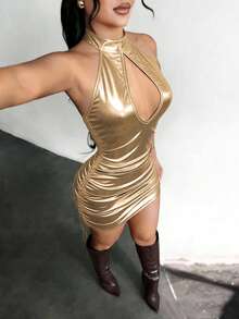 Zyxie Women's Fashion Sexy Chain Decor Side Drawstring Backless Mini Dress - Champagne - View 4