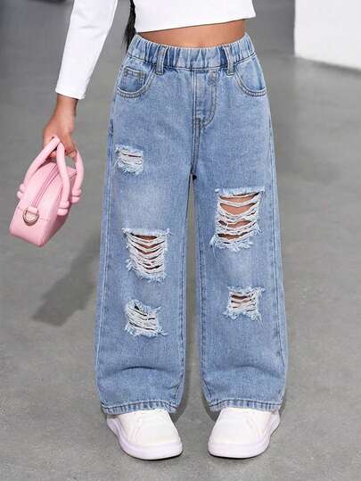 2026春夏新款女童牛仔裤，时尚做旧设计，松紧腰带，宽松贴身，纽扣闭合，方便穿脱，适合居家、日常、约会、外出、派对、旅行等场合，多功能多口袋阔腿水洗复古直筒休闲宽松牛仔裤