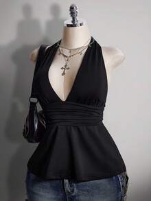 SHEIN ICON Áo camisole chấm bi hở lưng cổ chữ V eo thon dáng chữ A cỡ lớn, áo camisole chấm bi hở lưng kiểu retro Y2K, áo babydoll chấm bi hở lưng. - màu đen - Xem 6