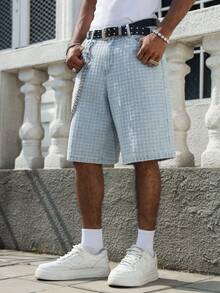 Manfinity EMRG Men's Casual Crochet Blue Denim Shorts, Street Fashion - Light Wash - View 3