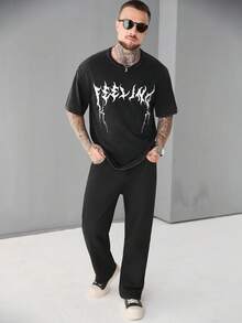 SLATEMANN 男士街头风-INS风水洗面料深色字母印花T恤，适合音乐节、夜店、男友/老公礼物、周年纪念礼物 - 黑色 - 查看 3