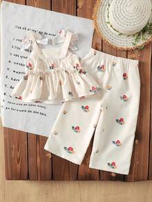 SHEIN LMoss Kids 女婴夏季可爱黄色条纹吊带背心和松紧腰裤套装 - 杏色 - 查看 8