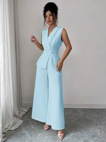 Elenzga Áo blazer cổ chữ V màu mơ trơn, thiết kế dây thắt eo, trang phục thanh lịch chuyên nghiệp, phù hợp cho công sở, họp hành, đi học, ngày lễ tình nhân, ngày động, lễ Phục sinh, du lịch, phong cách đường phố thường ngày, bộ jumpsuit mùa xuân/hè. - Màu xanh lam - Xem 5