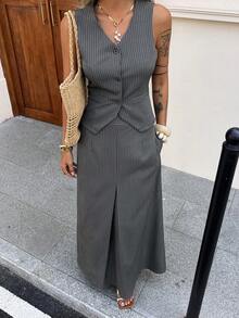 Livesso 2pcs/Set Women's Sleeveless Striped Top And Skirt, Office/Commute Casual Summer Outfit Lounge Sets For Women - Grey - View 7