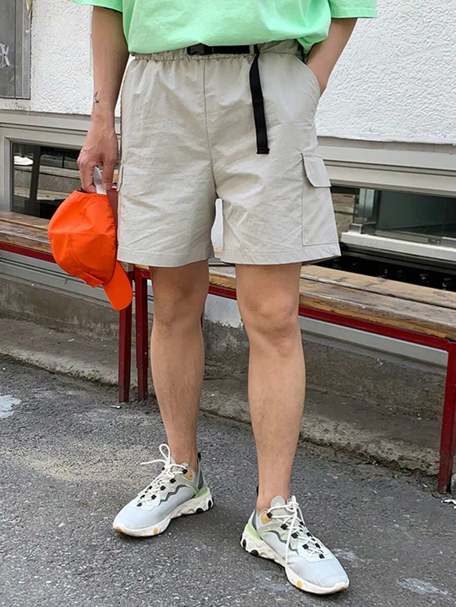 Pantalones cortos de carga grises sólidos con bolsillos grandes, para verano - Gris - Ver 1