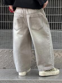 DAZY 男童纯色斜插口袋松紧腰休闲牛仔裤 - 灰色 - 查看 2