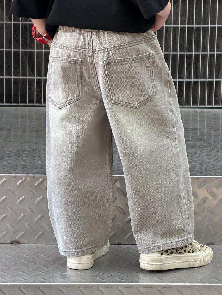 Young Boy Solid Color Slant Pocket Elastic Waist Casual Jeans