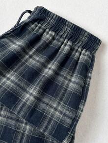 Rusticease 女士格子抽绳腰带休闲百搭阔腿裤，适合日常穿着 - 藏蓝色 - 查看 5