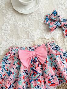 SHEIN Baby Girl Solid Color & Graphic Print Bow Decor Skirt Set - Pink - View 6