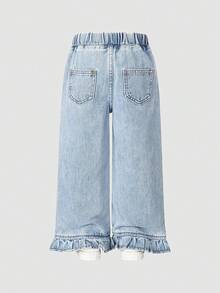 Quần jeans ống đứng màu xanh nhạt, kiểu dáng thường ngày, có bèo nhún ở gấu quần, dành cho nữ trẻ. - Màu xanh lam - Xem 5