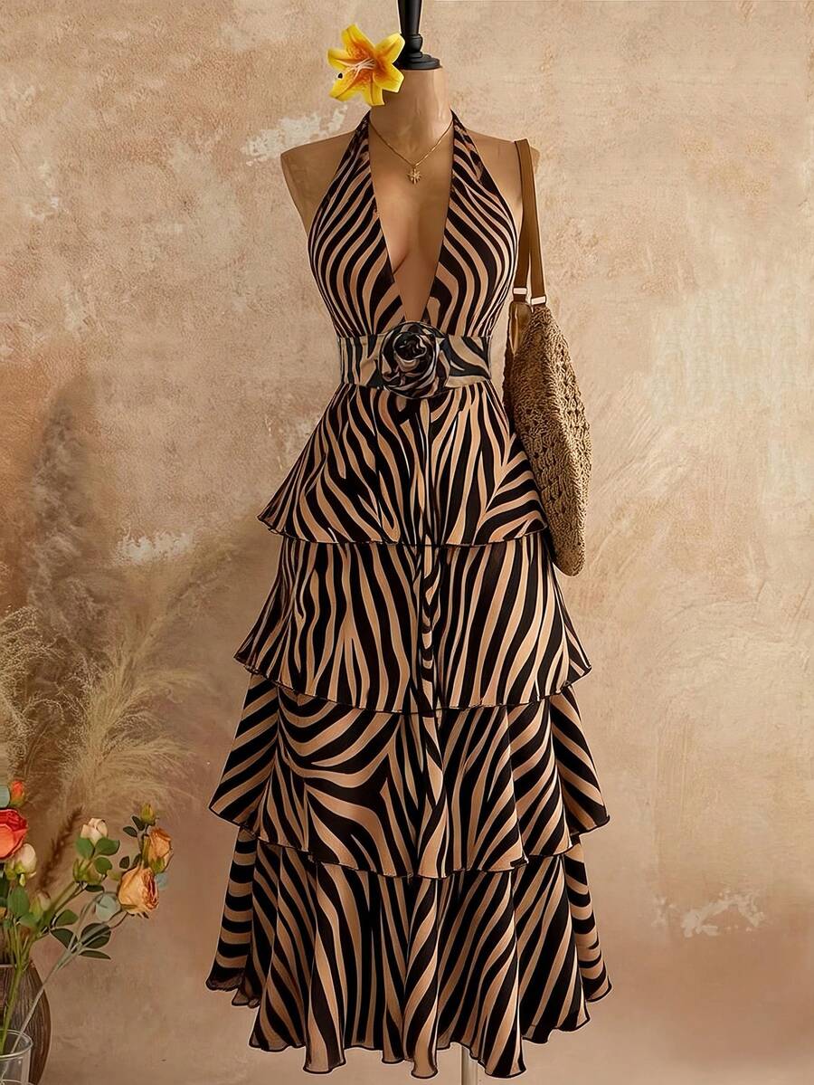 INAWLY Women's Fashion Halter Backless Tiered Layer Striped Dress ...